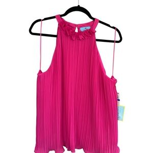 NWT CeCe Fuchsia Pink Pleated Floral Halter Ruffle Sleeveless Tank Blouse XL